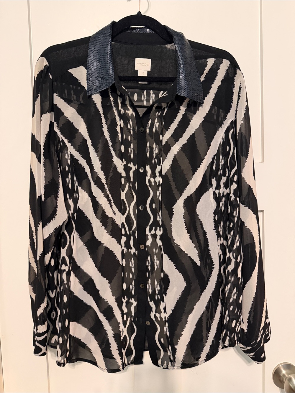 Chico's Black & White Sheer Zebra-Print Button-Down Shirt